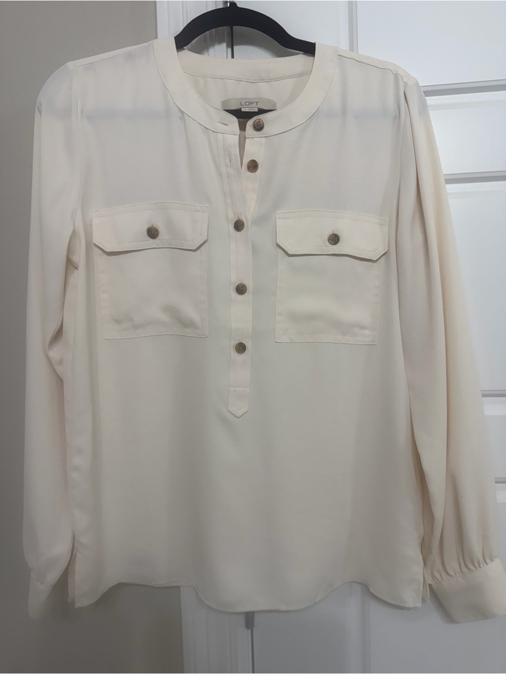 LOFT Cream Button-Front Long Sleeve Utility Blouse